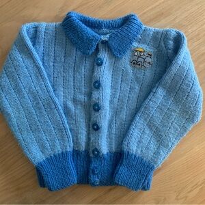 Vintage hand knit toddler sweater vintage - 1982, two tone blue, train appliqué